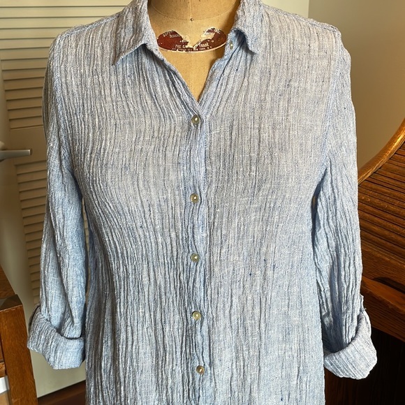 Tahari Dresses Tahari White With Blue Pin Stripe Linen Shirt Dress